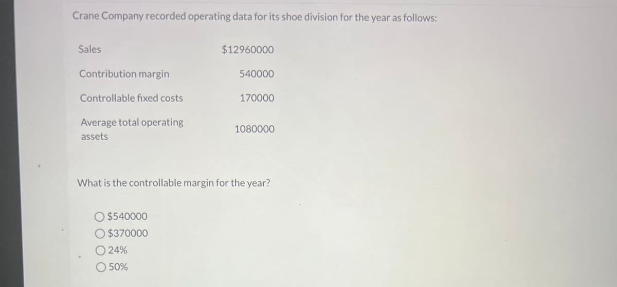 Crane Company recorded operating data for its shoe division for the year as follows:
Sales
Contribution margin
Controllable fixed costs
Average total operating
assets
$12960000
O $540000
O $370000
O 24%
50%
540000
170000
1080000
What is the controllable margin for the year?