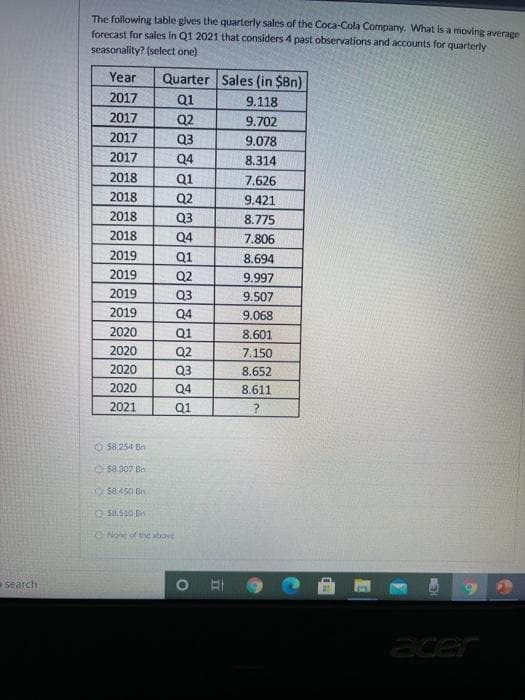 The following table gives the quarterly sales of the Coca-Cola Company. What is a moving average
forecast for sales in Q1 2021 that considers 4 past observations and accounts for quarterly
seasonality? (select one)
Year
Quarter Sales (in $Bn)
2017
Q1
9.118
2017
Q2
9.702
2017
Q3
9.078
2017
Q4
8.314
2018
Q1
7.626
2018
Q2
9.421
2018
Q3
8.775
2018
Q4
7.806
2019
Q1
8.694
2019
Q2
9.997
2019
Q3
9.507
2019
Q4
9.068
2020
Q1
8.601
2020
Q2
7.150
2020
Q3
8.652
2020
Q4
8.611
2021
Q1
O $8.254 Bn
O sa 307 Bn
O s8:450 Bn
O s0.510 Dn
TNone of the abroye
search
acer
