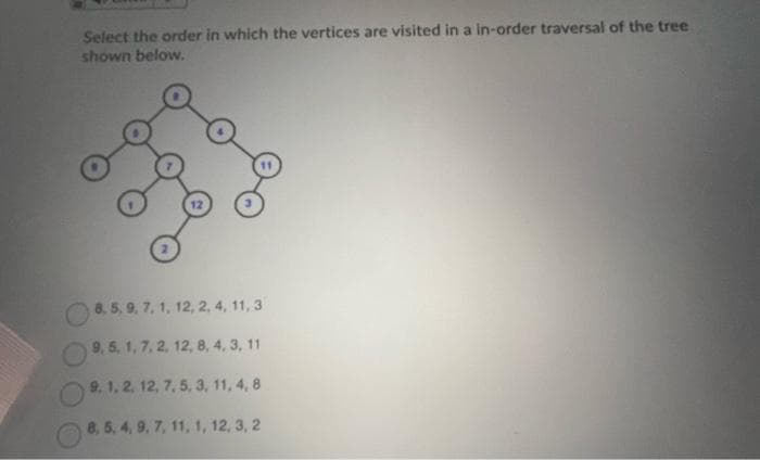 Select the order in which the vertices are visited in a in-order traversal of the tree
shown below.
8, 5, 9, 7, 1, 12, 2, 4, 11, 3
9, 5, 1, 7, 2, 12, 8, 4, 3, 11
9, 1, 2, 12, 7, 5, 3, 11, 4, 8
8, 5, 4, 9, 7, 11, 1, 12, 3, 2