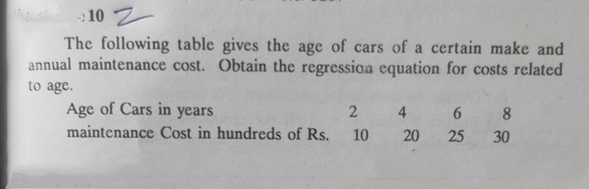 The following table gives the age of cars of a certain make and
annual maintenance cost. Obtain the regressioa equation for costs related
to age.
Age of Cars in years
4
6.
8.
maintenance Cost in hundreds of Rs.
10
25
30
20
