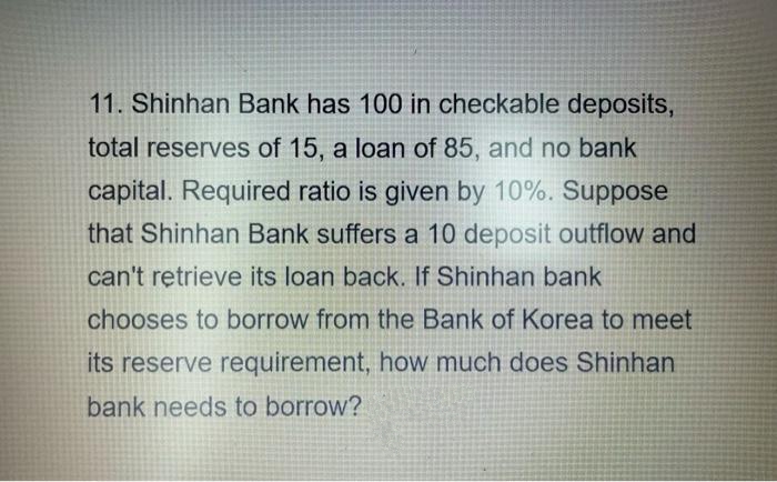 11. Shinhan Bank has 100 in checkable deposits,
total reserves of 15, a loan of 85, and no bank
capital. Required ratio is given by 10%. Suppose
that Shinhan Bank suffers a 10 deposit outflow and
can't retrieve its loan back. If Shinhan bank
chooses to borrow from the Bank of Korea to meet
its reserve requirement, how much does Shinhan
bank needs to borrow?