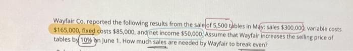 Wayfair Co. reported the following results from the sale of 5,500 tables in May: sales $300,000, variable costs
$165,000, fixed costs $85,000, and net income $50,000. Assume that Wayfair increases the selling price of
tables by 10% on June 1. How much sales are needed by Wayfair to break even?