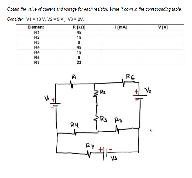 Obtain the value of current and voltage for each resistor. Write it down in the corresponding table.
Consider V1 = 10 V, V2 = 5 V, V3 = 2V.
R [kN]
Element
i (mA]
V [V]
R1
R2
R3
R4
R4
45
15
45
15
R6
9
23
R7
RI
R6
R2
+ Vz
VI
R3 PS
R4
R7
V3
