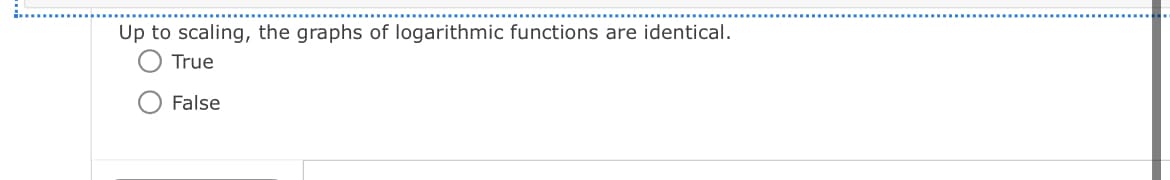 Up to scaling, the graphs of logarithmic functions are identical.
True
False