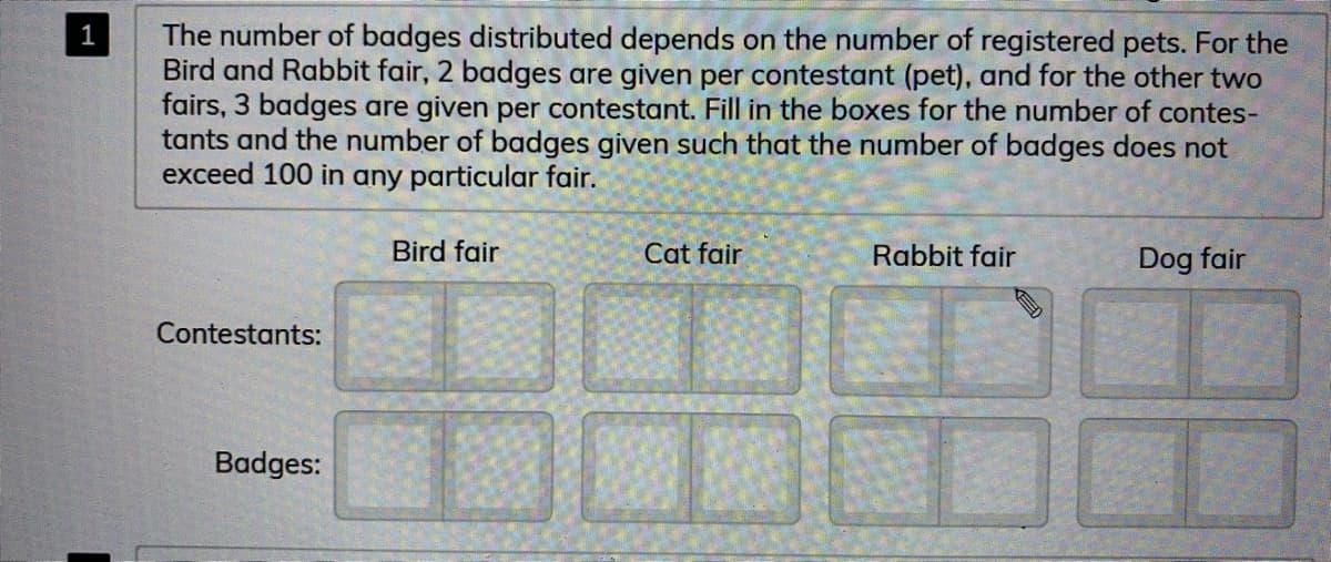 The number of badges distributed depends on the number of registered pets. For the
Bird and Rabbit fair, 2 badges are given per contestant (pet), and for the other two
fairs, 3 badges are given per contestant. Fill in the boxes for the number of contes-
tants and the number of badges given such that the number of badges does not
exceed 100 in any particular fair.
1
Bird fair
Cat fair
Rabbit fair
Dog fair
Contestants:
Badges:
