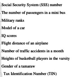 Social Security System (SSS) number
The number of passengers in a mini bus
Military ranks
Model of a car
IQ scores
Flight distance of an airplane
Number of traffic accidents in a month
Heights of basketball players in the varsity
Gender of a tamaraw
Tax Identification Number (TIN)
