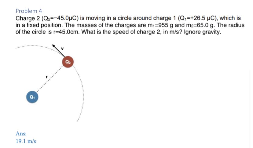 Problem 4
Charge 2 (Q2=-45.0µC) is moving in a circle around charge 1 (Q1=+26.5 µC), which is
in a fixed position. The masses of the charges are m1=955 g and m2=65.0 g. The radius
of the circle is r=45.0cm. What is the speed of charge 2, in m/s? Ignore gravity.
Q2
Ans:
19.1 m/s
