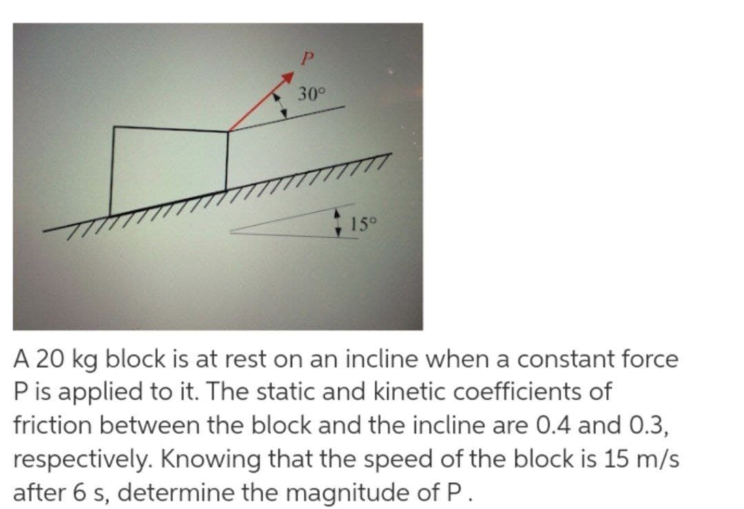 P.
30°
15°
A 20 kg block is at rest on an incline when a constant force
P is applied to it. The static and kinetic coefficients of
friction between the block and the incline are 0.4 and 0.3,
respectively. Knowing that the speed of the block is 15 m/s
after 6 s, determine the magnitude of P.
