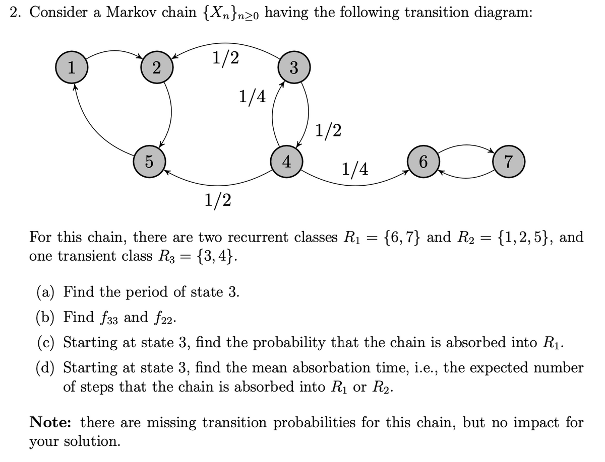 2. Consider a Markov chain {Xn}n≥o having the following transition diagram:
1/2
1
2
5
1/4
3
4
1/2
1/4
6
7
1/2
For this chain, there are two recurrent classes R₁ = {6,7} and R₂ = {1,2,5}, and
one transient class R3 = {3,4}.
(a) Find the period of state 3.
(b) Find f33 and f22.
(c) Starting at state 3, find the probability that the chain is absorbed into R₁.
(d) Starting at state 3, find the mean absorbation time, i.e., the expected number
of steps that the chain is absorbed into R₁ or R₂.
Note: there are missing transition probabilities for this chain, but no impact for
your solution.