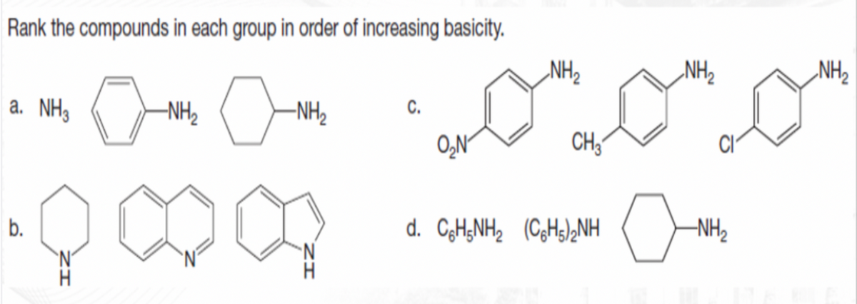 Rank the compounds in each group in order of increasing basicity.
„NH2
NH2
a. NH3
-NH2
-NH2
С.
O,N
CH;
b.
d. CgH;NH2 (C;H3);NH
–NH2
`N'
