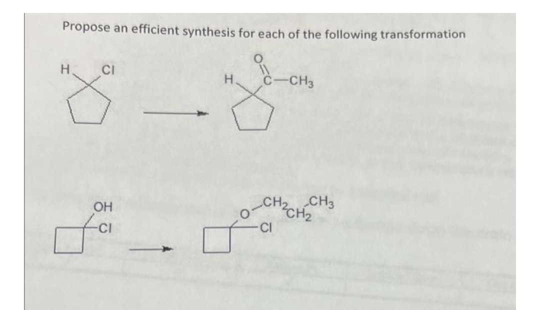 Propose an efficient synthesis for each of the following transformation
H.
CI
H.
C-CH3
CH2 CH3
CH2
OH
-CI
