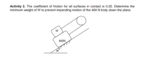 Activity 2. The coefficient of friction for all surfaces in contact is 0.25. Determine the
minimum weight of W to prevent impending motion of the 400 N body down the plane.
400N
30
