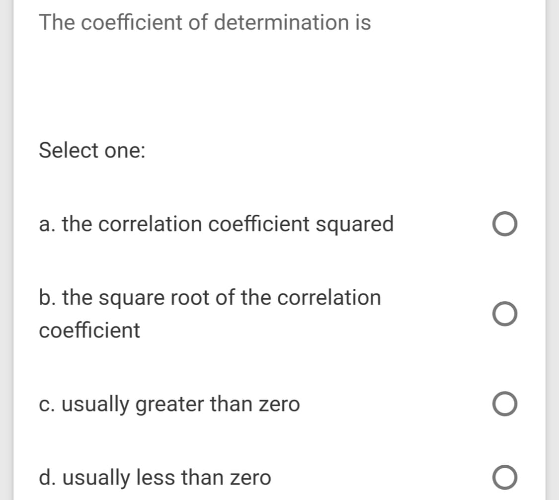 The coefficient of determination is
Select one:
a. the correlation coefficient squared
b. the square root of the correlation
coefficient
c. usually greater than zero
d. usually less than zero
