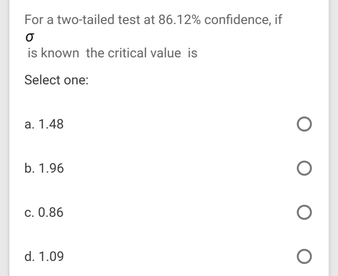 For a two-tailed test at 86.12% confidence, if
is known the critical value is
