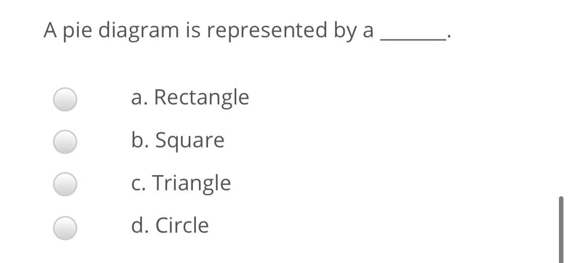 A pie diagram is represented by a
a. Rectangle
b. Square
c. Triangle
d. Circle
