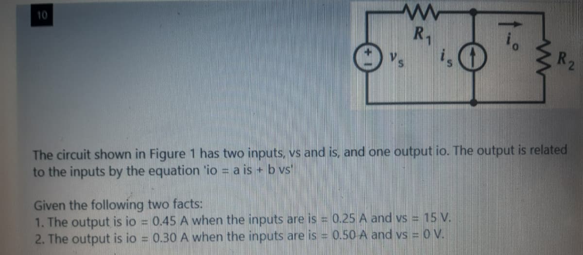 10
R1
R2
The circuit shown in Figure 1 has two inputs, vs and is, and one output io. The output is related
to the inputs by the equation 'io = a is + b vs
Given the following two facts:
1. The output is io 0.45 A when the inputs are is = 0.25 A and vs = 15 V.
2. The output is io = 0.30 A when the inputs are is =0.50 A and vs = 0V.
%3D
