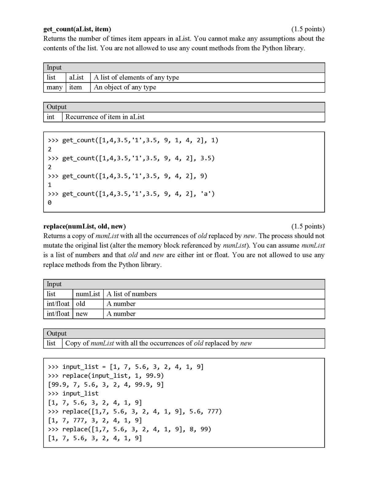 (1.5 points)
get_count(aList, item)
Returns the number of times item appears in aList. You cannot make any assumptions about the
contents of the list. You are not allowed to use any count methods from the Python library.
Input
A list of elements of any type
An object of any type
list
aList
many item
Output
int
Recurrence of item in aList
>>> get_count([1,4,3.5, '1',3.5, 9, 1, 4, 2], 1)
>>> get_count([1,4,3.5, '1',3.5, 9, 4, 2], 3.5)
>>> get_count([1,4,3.5, '1',3.5, 9, 4, 2], 9)
1
>>> get_count([1,4,3.5, '1',3.5, 9, 4, 2], 'a')
(1.5 points)
Returns a copy of numList with all the occurrences of old replaced by new. The process should not
mutate the original list (alter the memory block referenced by numList). You can assume numList
is a list of numbers and that old and new are either int or float. You are not allowed to use any
replace(numList, old, new)
replace methods from the Python library.
Input
numList A list of numbers
A number
list
int/float old
int/float new
A number
Output
list
Copy of numList with all the occurrences of old replaced by new
>>> input_list
>>> replace(input_list, 1, 99.9)
[99.9, 7, 5.6, 3, 2, 4, 99.9, 9]
>>> input_list
[1, 7, 5.6, 3, 2, 4, 1, 9]
>>> replace([1,7, 5.6, 3, 2, 4, 1, 9], 5.6, 777)
[1, 7, 777, 3, 2, 4, 1, 9]
>>> replace([1,7, 5.6, 3, 2, 4, 1, 9], 8, 99)
[1, 7, 5.6, 3, 2, 4, 1, 9]
[1, 7, 5.6, 3, 2, 4, 1, 9]
