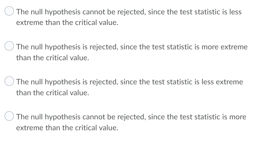 The null hypothesis cannot be rejected, since the test statistic is less
extreme than the critical value.
The null hypothesis is rejected, since the test statistic is more extreme
than the critical value.
The null hypothesis is rejected, since the test statistic is less extreme
than the critical value.
The null hypothesis cannot be rejected, since the test statistic is more
extreme than the critical value.