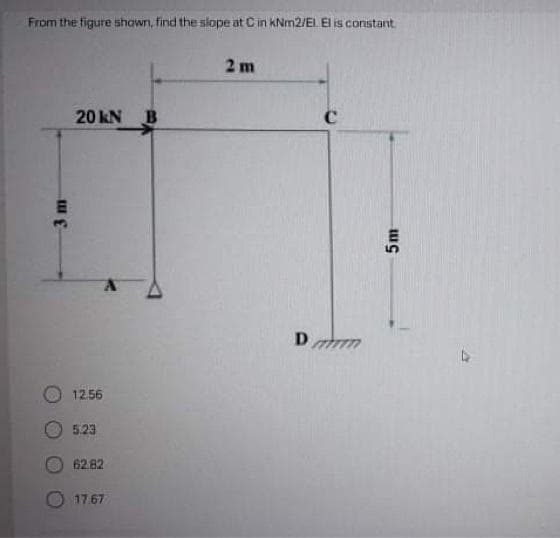 From the figure shown, find the slope at Cin kNm2/EL. El is constant
2 m
20 kN
1256
5:23
62.82
17 67
