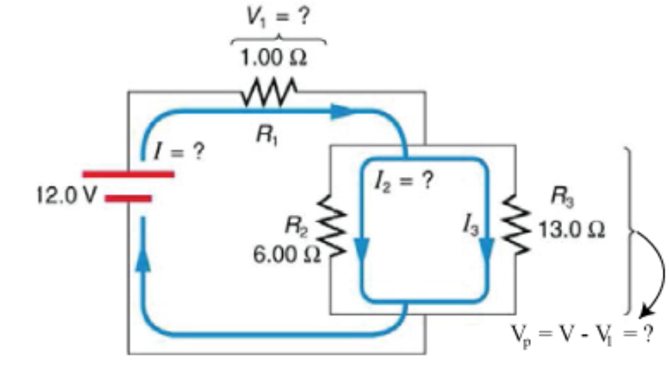 V, = ?
1.00 Ω
R,
1 = ?
12.0 V
½ = ?
R
13.0 Ω
6.00 Ω
V, = V - V = ?
