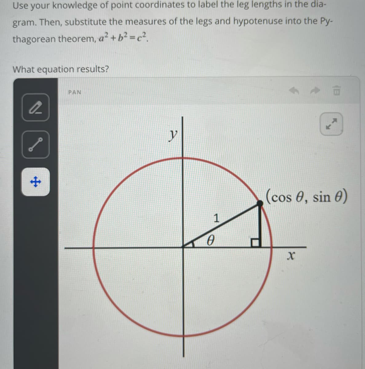 Use your knowledge of point coordinates to label the leg lengths in the dia-
gram. Then, substitute the measures of the legs and hypotenuse into the Py-
thagorean theorem, a² + b? = c².
What equation results?
PAN
y
(cos 0, sin 0)
1
