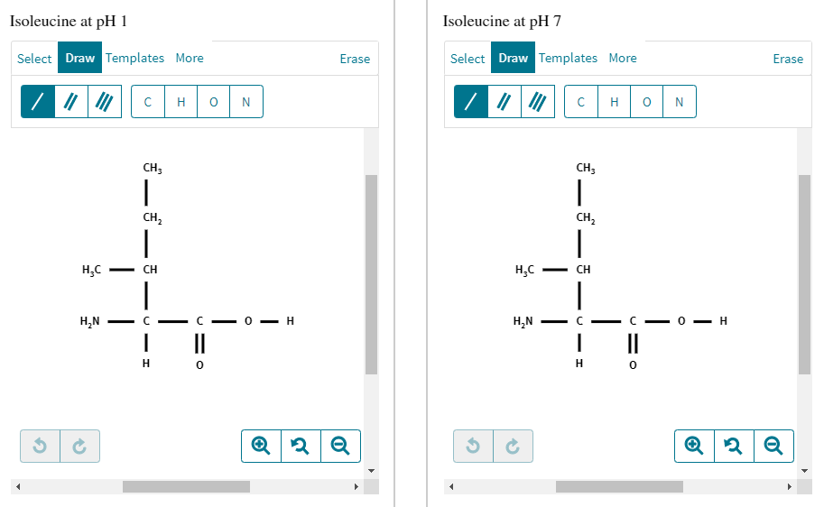 Isoleucine at pH 1
Select Draw Templates More
/ ||
|||||| с
H₂C
H₂N
CH3
|
CH₂
|
CH
U
—H
H
H O N
0
-0-H
Erase
Q2 Q
Isoleucine at pH 7
Select Draw Templates More
/// 111 с
H₂C
H₂N
CH3
1
CH₂
CH
2
|
U
I
H
H O
CO
C-0 - H
||
N
0
Erase
Q2 Q