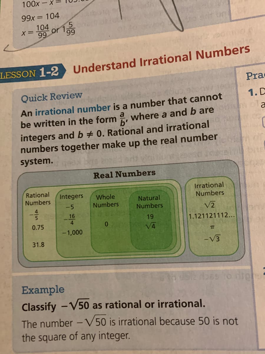 100x - X
99x = 104
104
or 199
99
Understand Irrational Numbers
Pra
LESSON 1-2
Quick Review
1. D
An irrational number is a number that cannot
be written in the form
a
a
where a and b are
integers and b + 0. Rational and irrational
numbers together make up the real number
system.
Real Numbers
Irrational
Numbers
Rational
Integers
Whole
Numbers
Natural
Numbers
-5
Numbers
V2
16
4
19
1.121121112...
0.75
V4
-1,000
T
31.8
-V3
Example
Classify -V50 as rational or irrational.
The number -V50 is irrational because 50 is not
the square of any integer.
4/5
