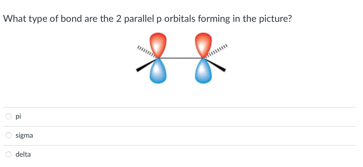 What type of bond are the 2 parallel p orbitals forming in the picture?
pi
sigma
delta
