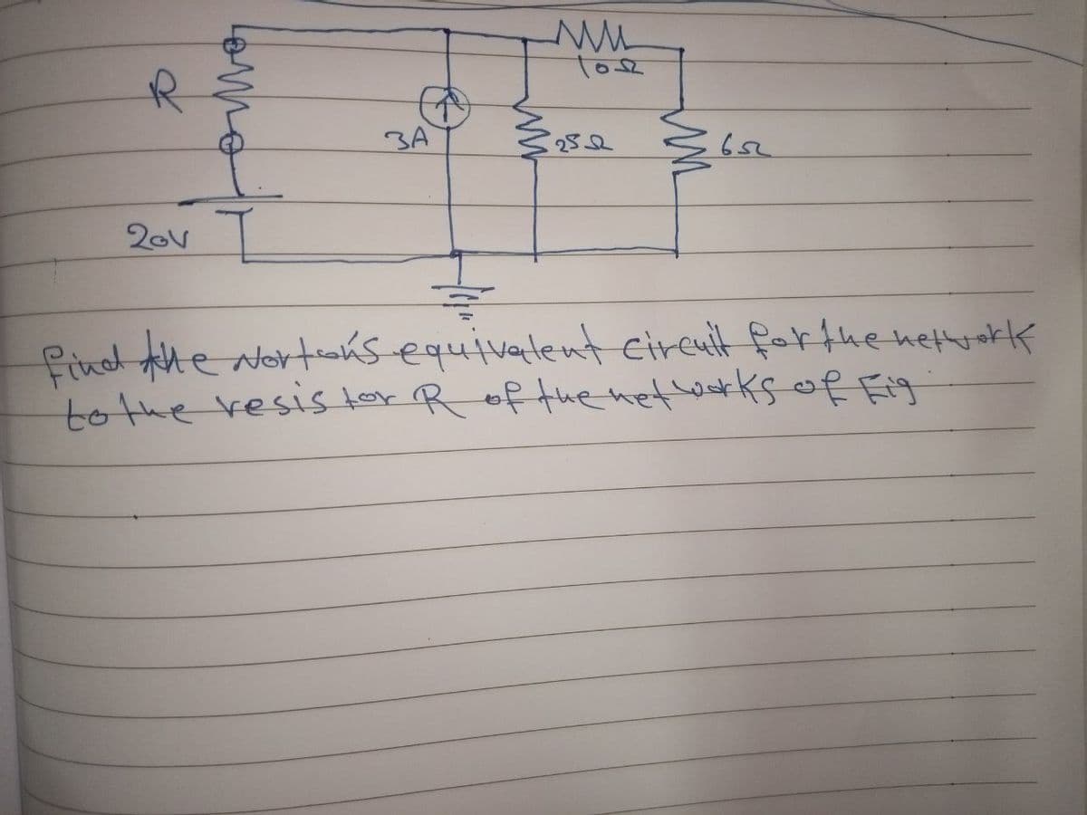 Mu
to se
3A
2522
652
20V
find the Nortons equivalent circuit for the network
to the resistor R of the networks of Fig