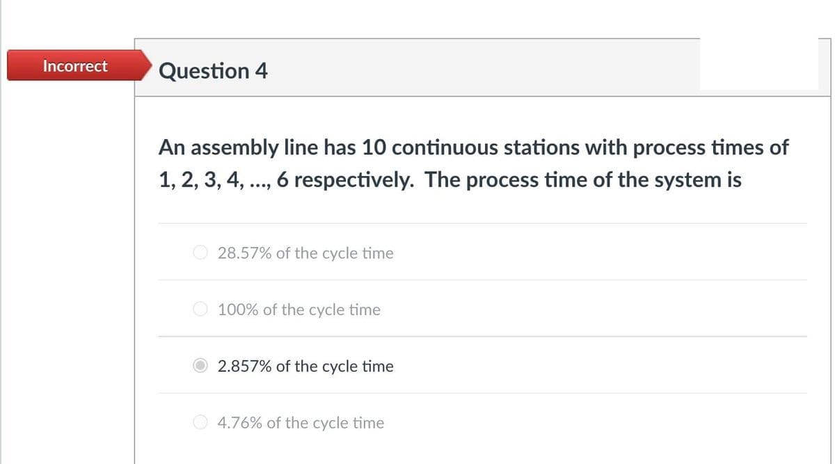 Incorrect
Question 4
An assembly line has 10 continuous stations with process times of
1, 2, 3, 4, .., 6 respectively. The process time of the system is
28.57% of the cycle time
O 100% of the cycle time
2.857% of the cycle time
4.76% of the cycle time
