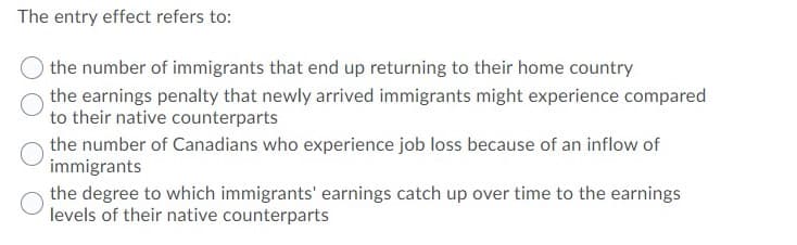 The entry effect refers to:
the number of immigrants that end up returning to their home country
the earnings penalty that newly arrived immigrants might experience compared
to their native counterparts
the number of Canadians who experience job loss because of an inflow of
immigrants
the degree to which immigrants' earnings catch up over time to the earnings
levels of their native counterparts
