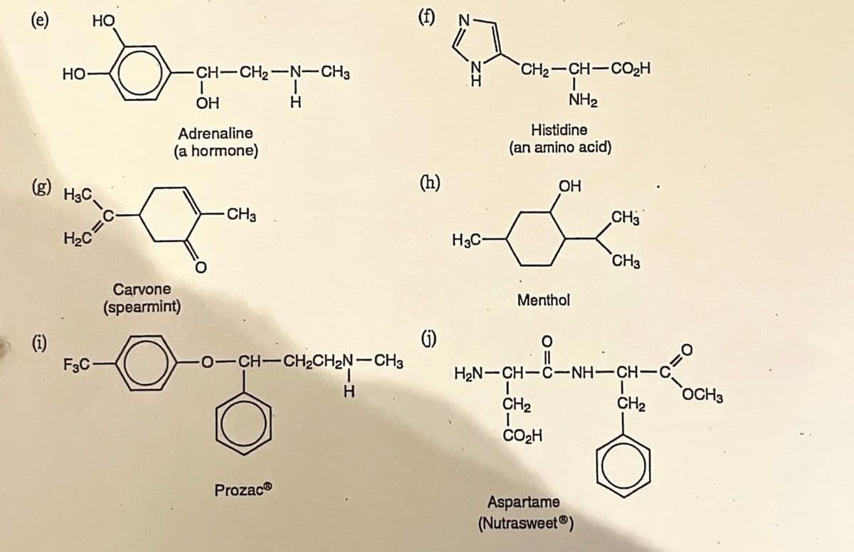 (e)
HO
(i)
(g) H3C.
HO
H₂C
4/20=0
F3C
CH-CH₂-N-CH3
N
H
Carvone
(spearmint)
1
OH
Adrenaline
(a hormone)
-CH3
O–CH–CH2CH2N–CH3
Prozac
H
(f) N
(h)
(j)
´N
H3C-
CH2–CH–COH
I
NH₂
Histidine
(an amino acid)
OH
Menthol
CH₂
I
CO₂H
CH3
O
||
H₂N-CH-C-NH-CH-C
Aspartame
(NutrasweetⓇ)
CH3
CH₂
(=
OCH3