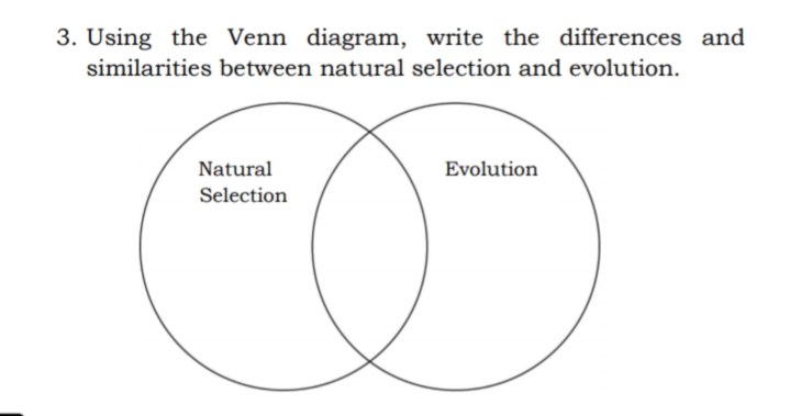 3. Using the Venn diagram, write the differences and
similarities between natural selection and evolution.
Natural
Evolution
Selection
