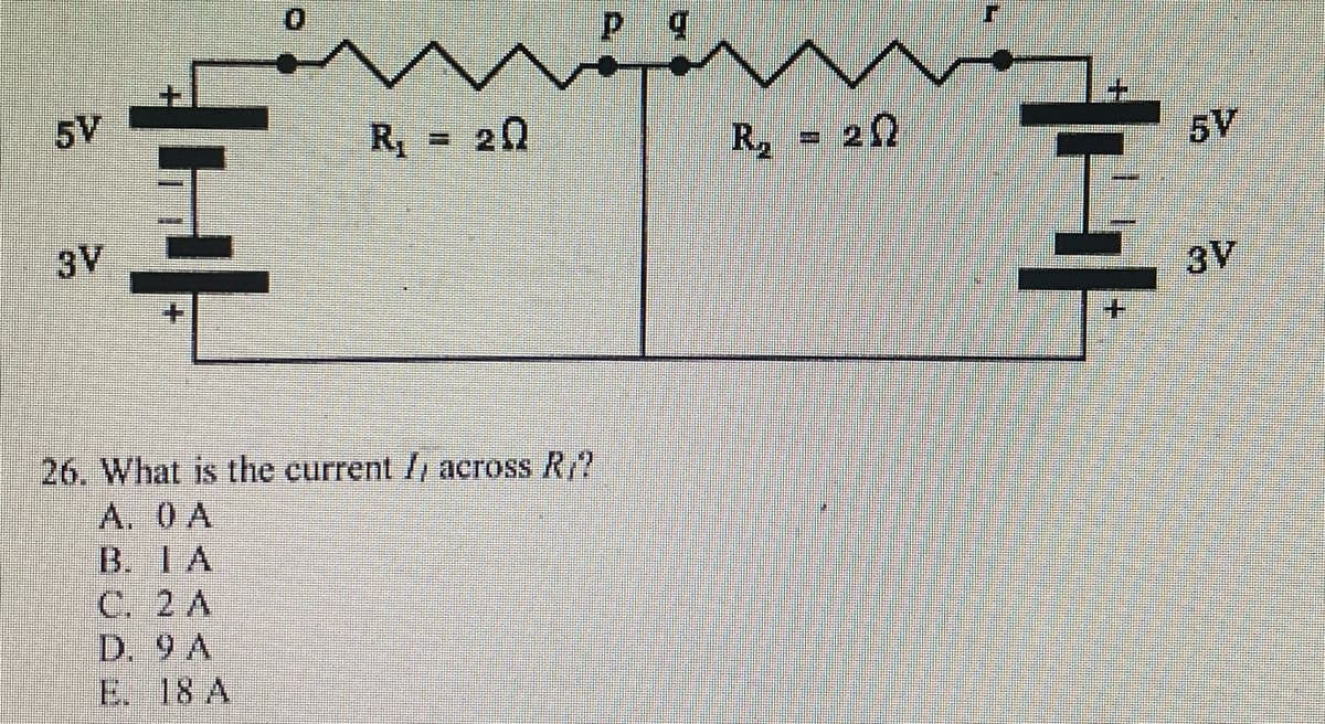5V
R = 20
R2
20
5V
3V
3V
+.
26. What is the current / across R?
A. 0 A
В. ТА
C. 2 A
D. 9 A
E. 18 A
