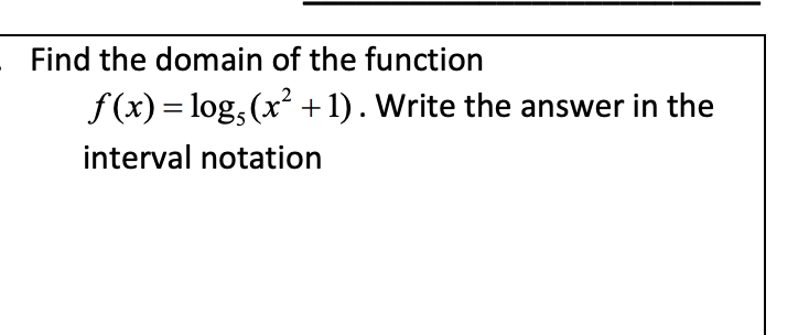 Find the domain of the function
f (x) = log, (x +1). Write the answer in the
interval notation
