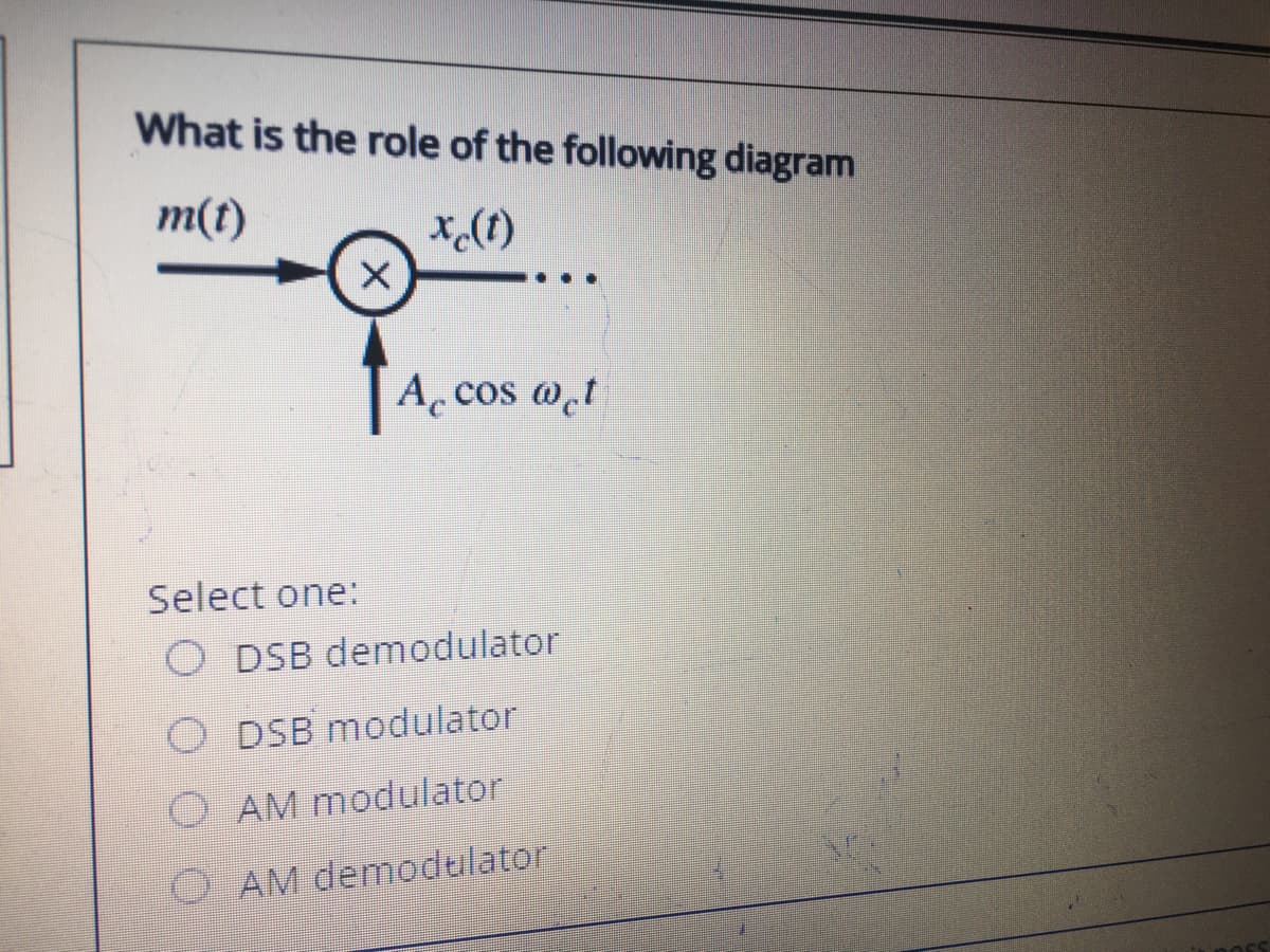What is the role of the following diagram
m(t)
X(t)
A cos w̟t
Select one:
O DSB demodulator
O DSB modulator
O AM modulator
O AM demodulator
