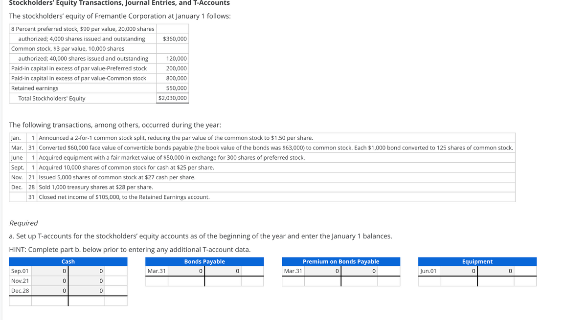 Stockholders' Equity Transactions, Journal Entries, and T-Accounts
The stockholders' equity of Fremantle Corporation at January 1 follows:
8 Percent preferred stock, $90 par value, 20,000 shares
authorized; 4,000 shares issued and outstanding
$360,000
Common stock, $3 par value, 10,000 shares
authorized; 40,000 shares issued and outstanding
120,000
Paid-in capital in excess of par value-Preferred stock
200,000
Paid-in capital in excess of par value-Common stock
800,000
Retained earnings
550,000
Total Stockholders' Equity
$2,030,000
The following transactions, among others, occurred during the year:
Jan.
1 Announced a 2-for-1 common stock split, reducing the par value of the common stock to $1.50
per
share.
Mar. 31 Converted $60,000 face value of convertible bonds payable (the book value of the bonds was $63,000) to common stock. Each $1,000 bond converted to 125 shares of common stock.
June
1 Acquired equipment with a fair market value of $50,000 in exchange for 300 shares of preferred stock.
Sept.
1 Acquired 10,000 shares of common stock for cash at $25 per share.
Nov. 21 Issued 5,000 shares of common stock at $27 cash per share.
Dec. 28 Sold 1,000 treasury shares at $28
per
share.
31 Closed net income of $105,000, to the Retained Earnings account.
Required
a. Set up T-accounts for the stockholders' equity accounts as of the beginning of the year and enter the January 1 balances.
HINT: Complete part b. below prior to entering any additional T-account data.
Cash
Bonds Payable
Premium on Bonds Payable
Equipment
Sep.01
Mar.31
Mar.31
Jun.01
Nov.21
Dec.28
