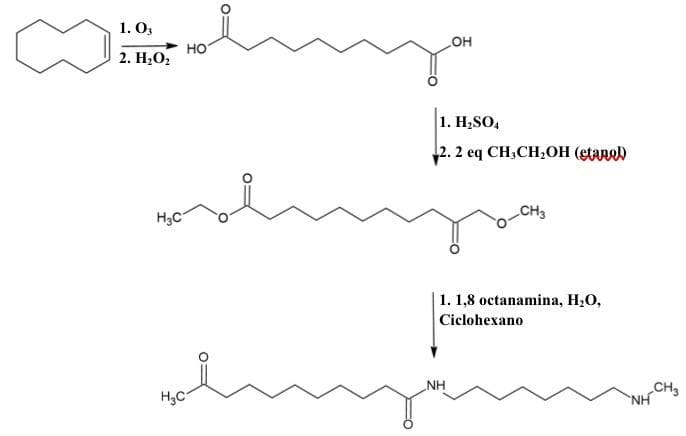 1. О,
Он
но
2. Н,О,
1. H,SO,
2. 2 eq CH,CH,OH (etaned
H3C
| 1. 1,8 оctanamina, Н.О,
Ciclohexano
NH
CH3
NH
