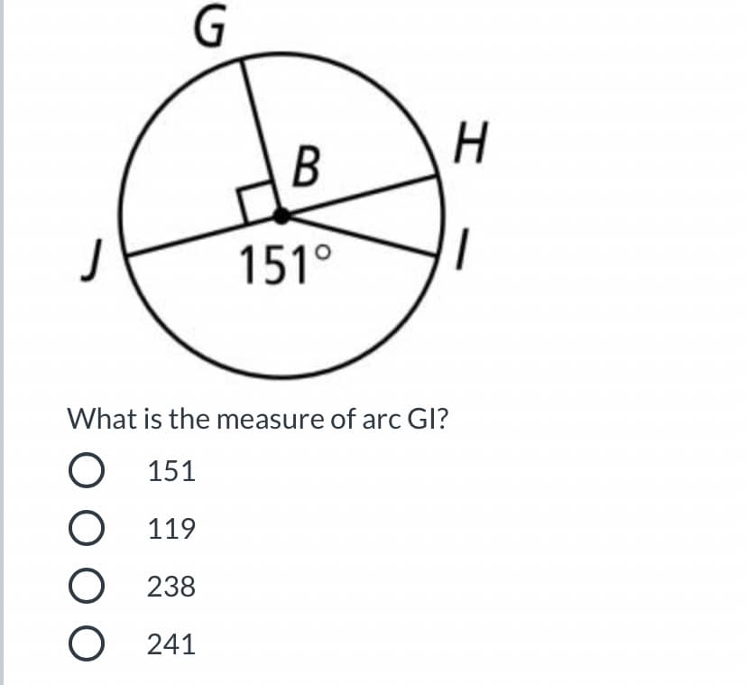 G
H
В
151°
What is the measure of arc GI?
151
119
238
O 241
