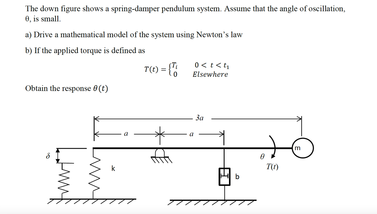 The down figure shows a spring-damper pendulum system. Assume that the angle of oscillation,
0, is small.
a) Drive a mathematical model of the system using Newton's law
b) If the applied torque is defined as
0 < t < t1
STi
T(t) = {0
Elsewhere
Obtain the response 0 (t)
За
a
a
m
k
T(t)
b
