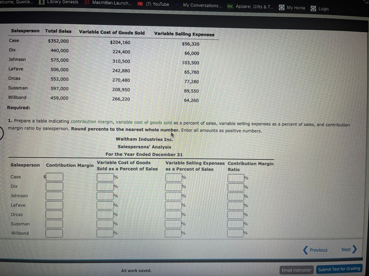 elcome, Quente...
Library Genesis
Macmillan Launch...
(7) YouTube
My Conversations...
brc Apparel, Gifts & T..
ELogin
My Home
Salesperson Total Sales
Varlable Cost of Goods Sold
Varlable Selling Expenses
Case
$352,000
$204,160
$56,320
Dix
440,000
224,400
66,000
Johnson
575,000
310,500
103,500
LaFave
506,000
242,880
65,780
Orcas
552,000
270,480
77,280
Sussman
597,000
208,950
89,550
Willbond
459,000
266,220
64,260
Required:
1. Prepare a table indicating contribution margin, variable cost of goods sold as a percent of sales, variable selling expenses as a percent of sales, and contribution
margin ratio by salesperson. Round percents to the nearest whole number. Enter all amounts as positive numbers.
Waltham Industries Inc.
Salespersons' Analysis
For the Year Ended December 31
Variable Cost of Goods
Sold as a Percent of Sales
Variable Selling Expenses Contribution Margin
Salesperson Contribution Margin
as a Percent of Sales
Ratio
Case
%
%
Dix
Johnson
LaFave
Orcas
%
Sussman
Willbond
1%
%
Previous
Next
All work saved.
Email Instructor
Submit Test for Grading
