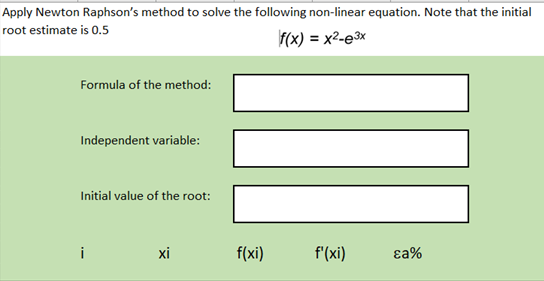 Apply Newton Raphson's method to solve the following non-linear equation. Note that the initial
root estimate is 0.5
f(x) = x2-e3x
Formula of the method:
Independent variable:
Initial value of the root:
i
xi
f(xi)
f'(xi)
ɛa%
