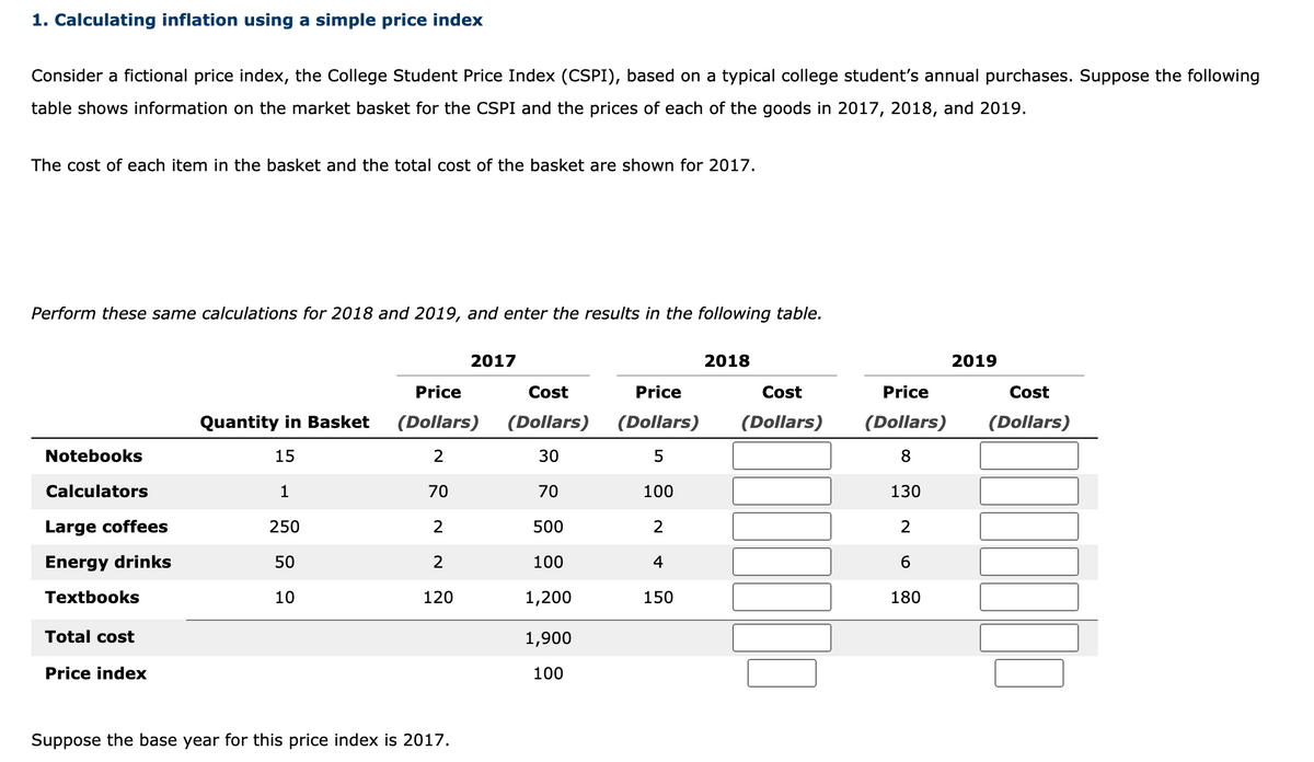1. Calculating inflation using a simple price index
Consider a fictional price index, the College Student Price Index (CSPI), based on a typical college student's annual purchases. Suppose the following
table shows information on the market basket for the CSPI and the prices of each of the goods in 2017, 2018, and 2019.
The cost of each item in the basket and the total cost of the basket are shown for 2017.
Perform these same calculations for 2018 and 2019, and enter the results in the following table.
2017
2018
2019
Price
Cost
Price
Cost
Price
Cost
Quantity in Basket
(Dollars)
(Dollars)
(Dollars)
(Dollars)
(Dollars)
(Dollars)
Notebooks
15
2
30
8
Calculators
1
70
70
100
130
Large coffees
250
2
500
2
Energy drinks
50
2
100
4
Textbooks
10
120
1,200
150
180
Total cost
1,900
Price index
100
Suppose the base year for this price index is 2017.
