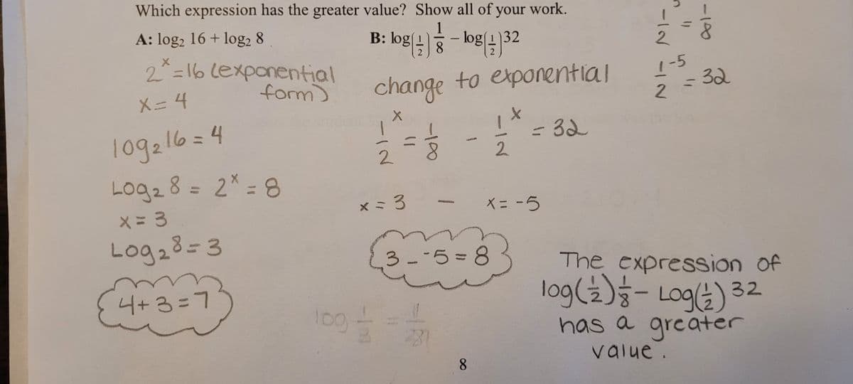 Which expression has the greater value? Show all of your work.
1
32
A: log2 16+ log₂ 8
B: log-log(³2
x
8
2 = 16 lexponential
X=4
form)
change to exponential
+
11/22
= 32
x = -5
109₂ 16 = 4
Log₂ 8 = 2x = 8
2²
x = 3
Log28=3
4+3=7
-
-IN
2
x = 3
100 foto
-100
3--5=8
8
11
-12 12
1-5
- 32
The expression of
log ( 2 ) = - Log ( 1 ) 32
has a greater
value.