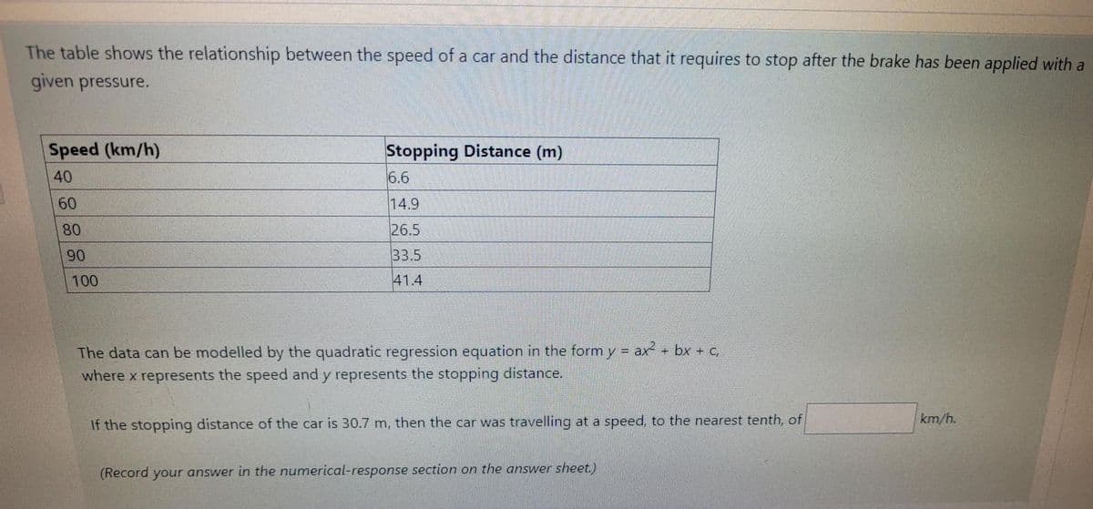 The table shows the relationship between the speed of a car and the distance that it requires to stop after the brake has been applied with a
given pressure.
Speed (km/h)
Stopping Distance (m)
40
6.6
60
14.9
80
26.5
90
33.5
100
41.4
The data can be modelled by the quadratic regression equation in the formy = ax bx + C,
where x represents the speed and y represents the stopping distance.
%3D
km/h.
If the stopping distance of the car is 30.7 m, then the car was travelling at a speed, to the nearest tenth, of
(Record your answer in the numerical-response section on the answer sheet.)
