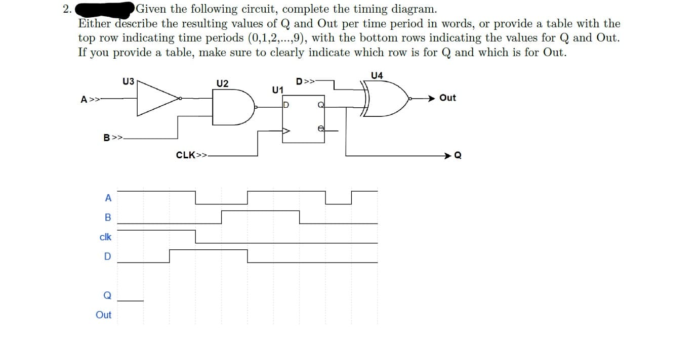 2.
Given the following circuit, complete the timing diagram.
Either describe the resulting values of Q and Out per time period in words, or provide a table with the
top row indicating time periods (0,1,2,...,9), with the bottom rows indicating the values for Q and Out.
If you provide a table, make sure to clearly indicate which row is for Q and which is for Out.
U4
U3
U2
U1
Out
JD
B>>
CLK>>-
clk
Out
