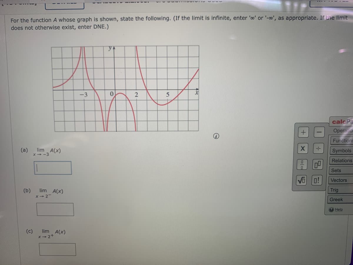 For the function A whose graph is shown, state the following. (If the limit is infinite, enter 'o' or '-o', as appropriate. If the limit
does not otherwise exist, enter DNE.)
(a)
(b)
lim_ A(x)
x →-3
lim A(x)
x-2-
(c) lim A(x)
x → 2+
-3
ya
0
2
5
X
15
..
0!
calcPa
Operation
Functions
Symbols
Relations
Sets
Vectors
Trig
Greek
Help