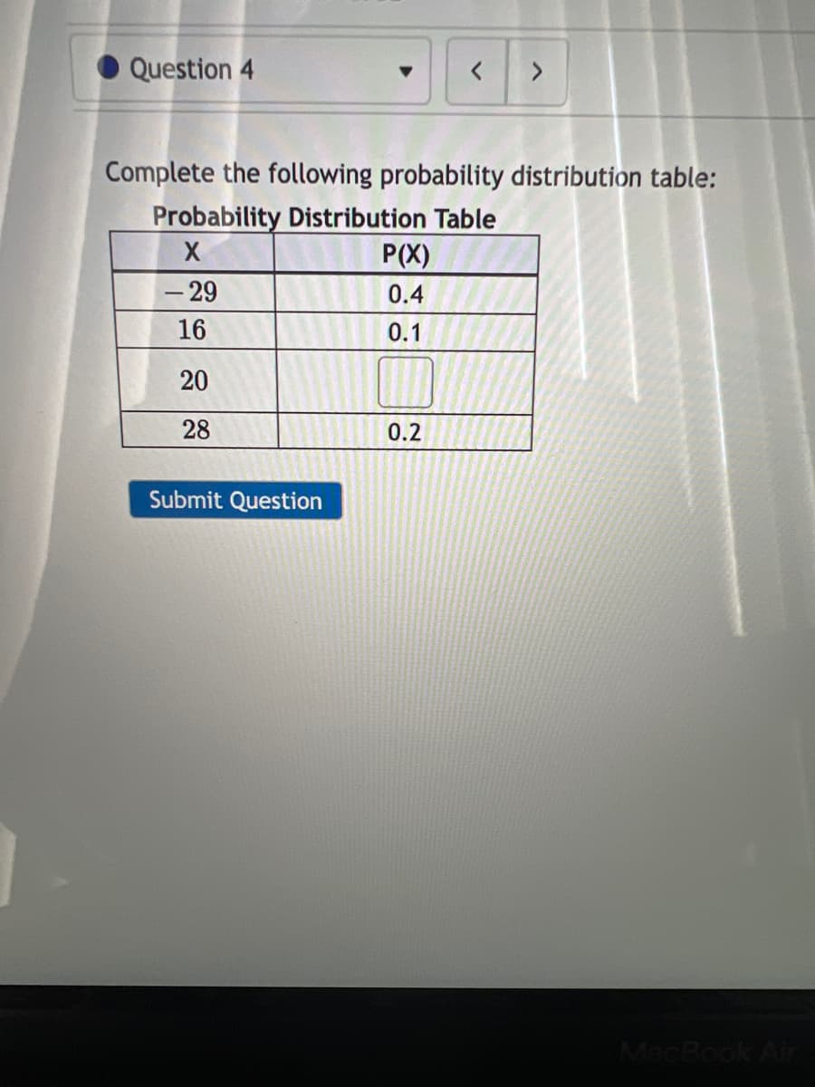 Question 4
Complete the following probability distribution table:
Probability Distribution Table
X
P(X)
- 29
0.4
16
0.1
20
28
0.2
Submit Question
MacBook Air