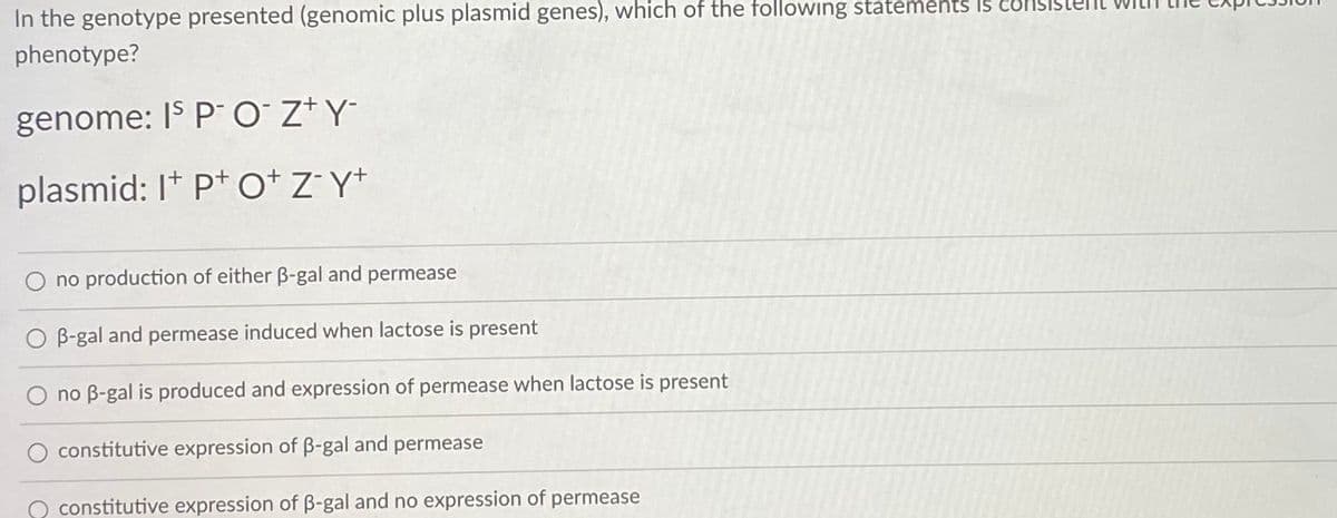 In the genotype presented (genomic plus plasmid genes), which of the following statements Is
phenotype?
genome: IS P O`z+Y°
plasmid: I* Pt otzY+
no production of either B-gal and permease
O B-gal and permease induced when lactose is present
no B-gal is produced and expression of permease when lactose is present
constitutive expression of B-gal and
permease
constitutive expression of B-gal and no expression of permease
