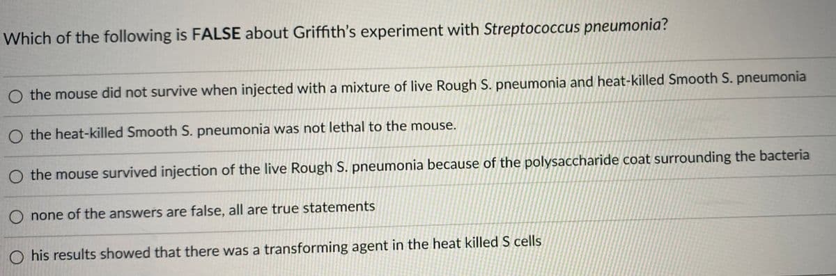 Which of the following is FALSE about Griffith's experiment with Streptococcus pneumonia?
O the mouse did not survive when injected with a mixture of live Rough S. pneumonia and heat-killed Smooth S. pneumonia
O the heat-killed Smooth S. pneumonia was not lethal to the mouse.
O the mouse survived injection of the live Rough S. pneumonia because of the polysaccharide coat surrounding the bacteria
O none of the answers are false, all are true statements
O his results showed that there was a transforming agent in the heat killed S cells
